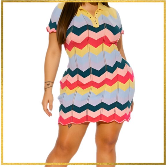 Fashion Nova Dresses & Skirts - NWT Fashion Nova Plus Size Multi Color Chevron Knit Dress Collar 🌈3x